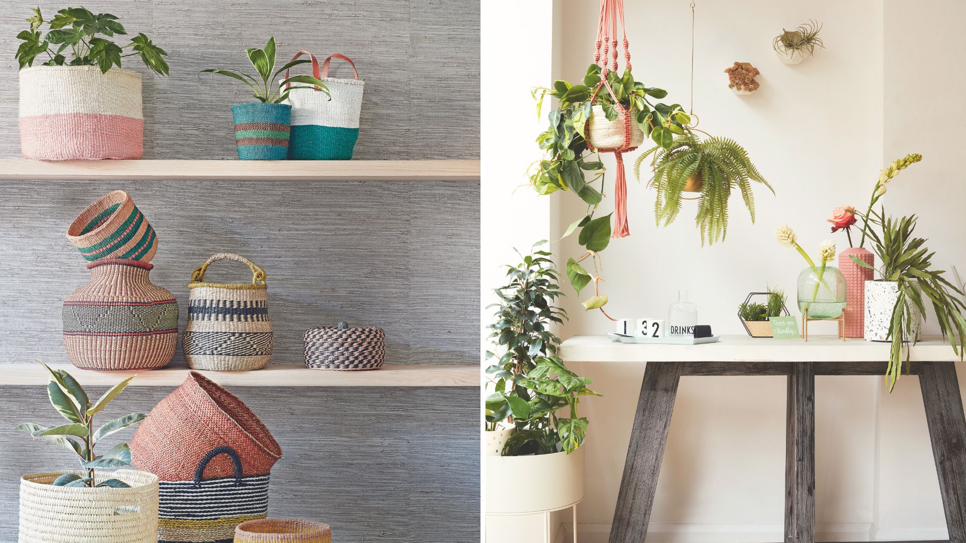 split image of a room with shelves styled with colourful woven baskets with houseplants next to a desk with handing houseplants and potted. plants