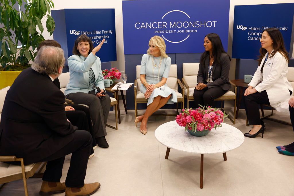Dr. Monica Bertagnolli (3-L) speaks as Dr. Alan Ashworth (L), Dr. Paola Bentancur (2-), First Lady Dr. Jill Biden (C), medical student Kami Pullakhandam (2-R), and Dr. Rita Mukhtar (R) look on at the University of California, San Francisco Helen Diller Comprehensive Cancer Center in San Francisco, California, USA, 07 October 2022. As part of the Biden Administrationâs Cancer Moonshot and to mark Breast Cancer Awareness Month, First Lady Jill Biden visits to highlight advances in breast cancer research and programs that support breast cancer patients, survivors, and caregivers.