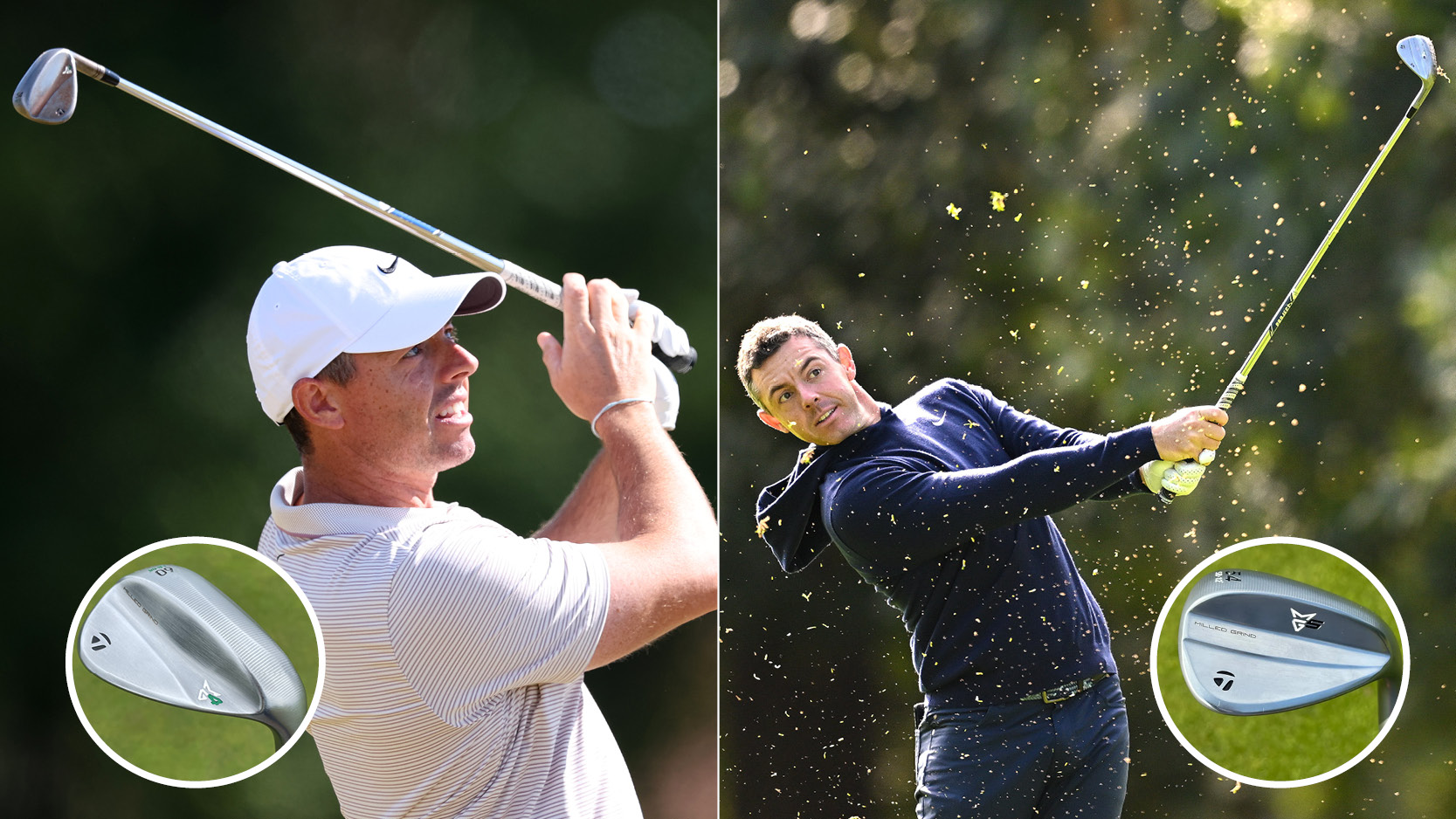 Rory McIlroy hits wedge shots with a close up of each wedge