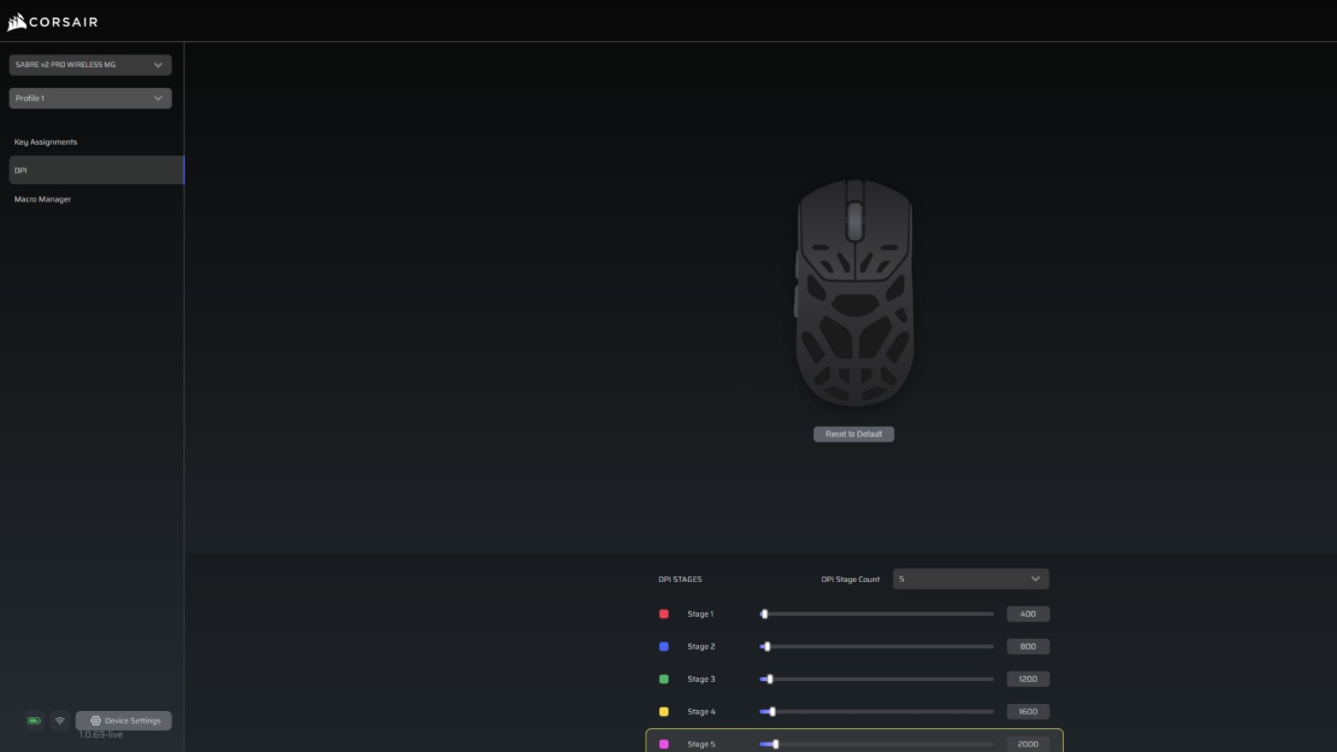 Corsair Web Hub running DPI adjustments on Corsair Sabre V2 Pro Wireless MG gaming mouse