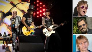 Guns N' Roses onstage, plus headshots of Elton John, Ringo Starr and Zak Starkey