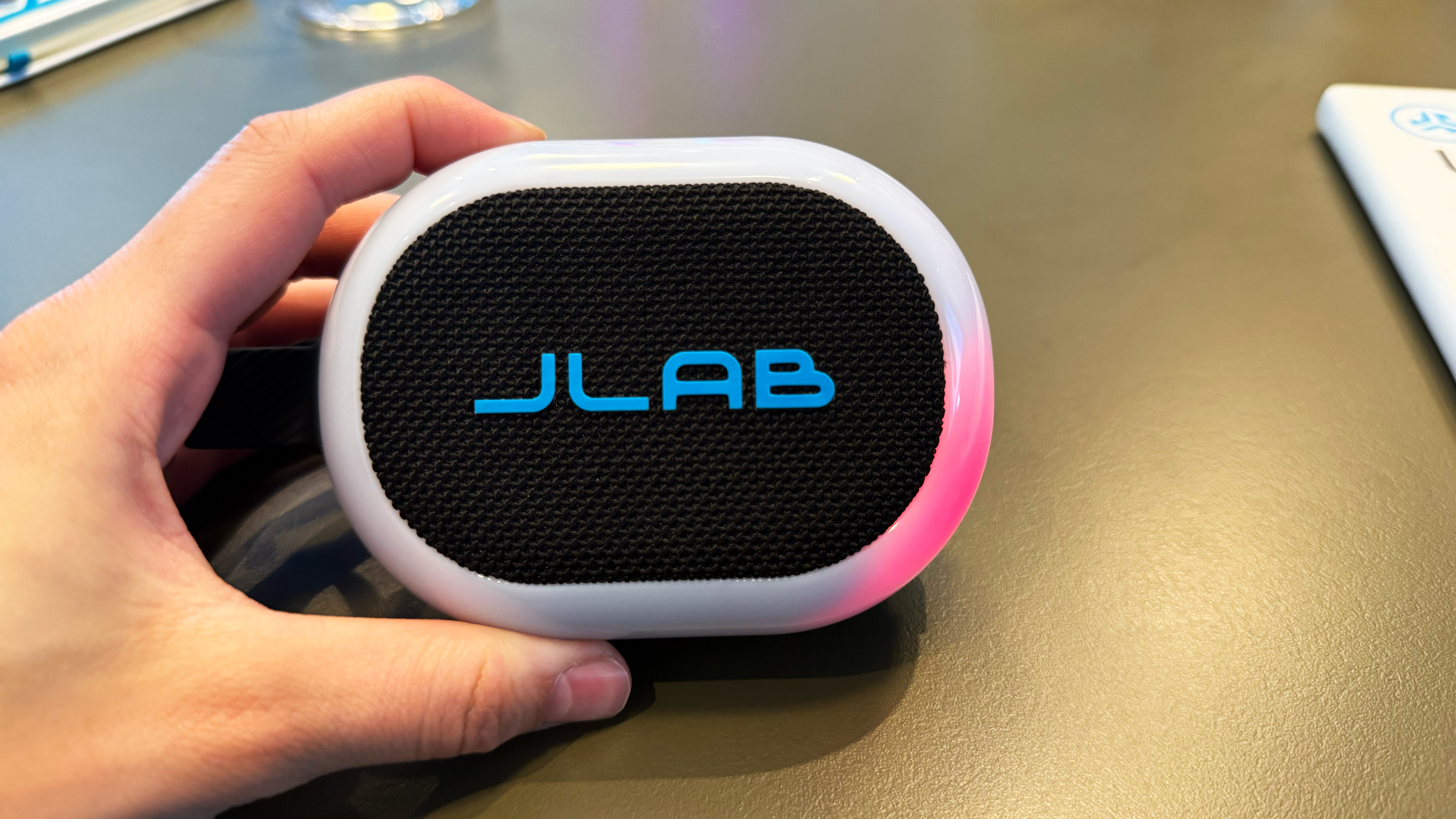 the JLab pop party speaker with pink LEDs