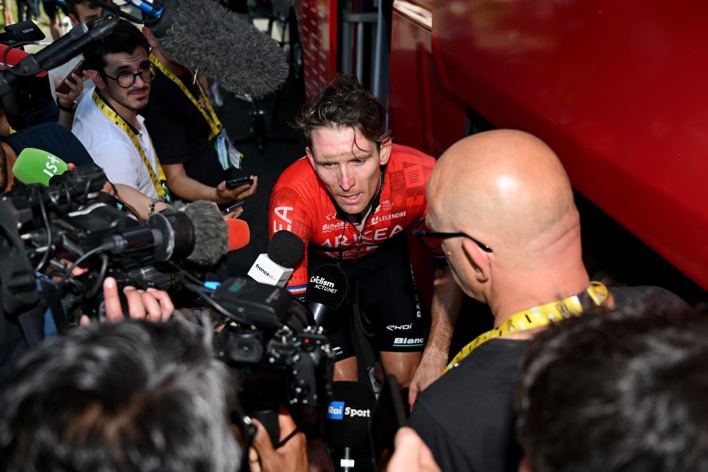 VILLENEUVESURLOT FRANCE JULY 11 Arnaud D&eacute;mare reacts after the 111th Tour de France 2024 Stage 12 a 2036km stage from Aurillac to VilleneuvesurLot UCIWT on July 11 2024 in VilleneuvesurLot France Photo by Dario BelingheriGetty Images