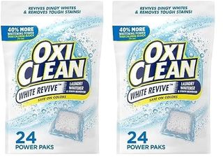 Two white packets of Oxi-Clean White Revive laundry powder. 