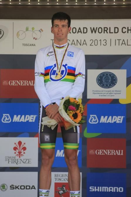 2013 U23 men's time trial world champion Damien Howson (Australia) on the podium