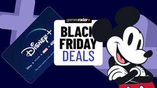 Disney Plus gift card and Mickey Mouse with arms crossed on either side of a 'Black Friday deals' badge, all on a blue background