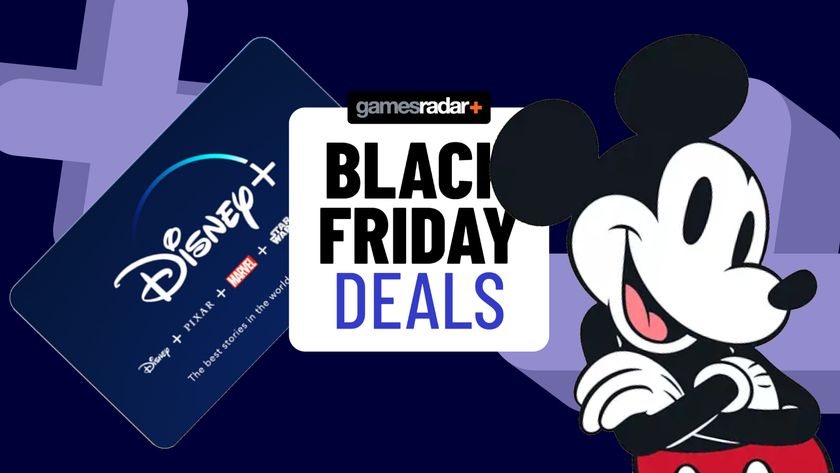 Disney Plus gift card and Mickey Mouse with arms crossed on either side of a &#039;Black Friday deals&#039; badge, all on a blue background