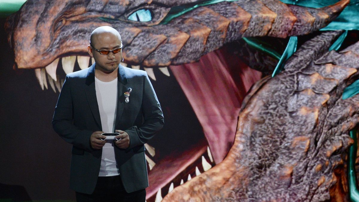 LOS ANGELES, CA - JUNE 13: Hideki Kamiya, Director at Platinum Games, introduces the video game &quot;Scalebound&quot; during Microsoft Corp. Xbox at the Galen Center on June 13, 2016 in Los Angeles, California.