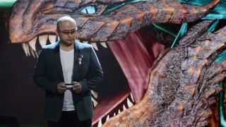 LOS ANGELES, CA - JUNE 13: Hideki Kamiya, Director at Platinum Games, introduces the video game "Scalebound" during Microsoft Corp. Xbox at the Galen Center on June 13, 2016 in Los Angeles, California.
