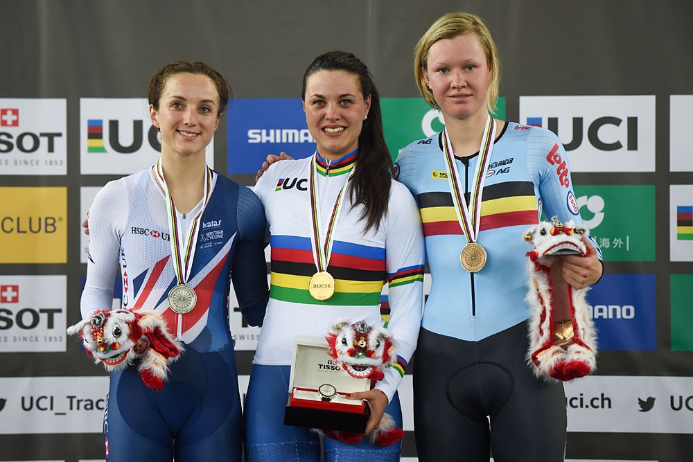 Elinor Barker, Rachele Barbieri and Jolien D'Hoore on the podium