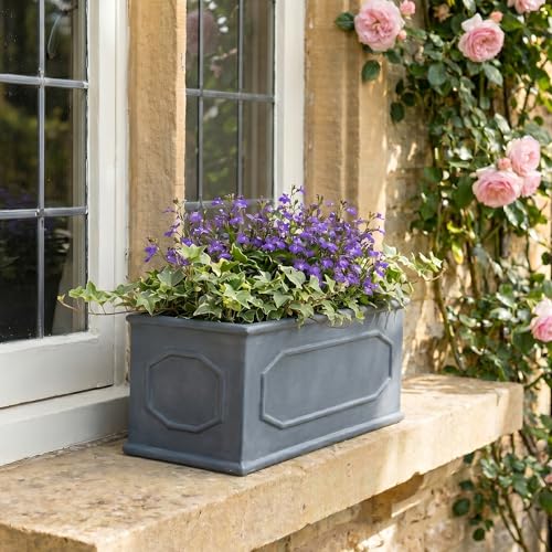 Idealist 40cm Plant Pot | Leaden Grey Reinforced Stone Window Box | Chelsea Windowsill Planter | Garden Planters With Drainage Holes L40 W17 H17 Cm, 7 Litres