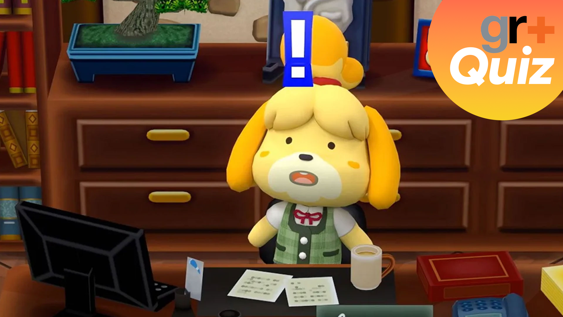 Isabelle looking surprised with an exclam above her head in Animal Crossing: New Horizons