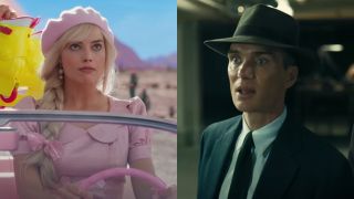 From left to right: Margot Robbie as Barbie rolling her eyes while driving a car and Cillian Murphy in Oppenheimer looking wide-eyed.