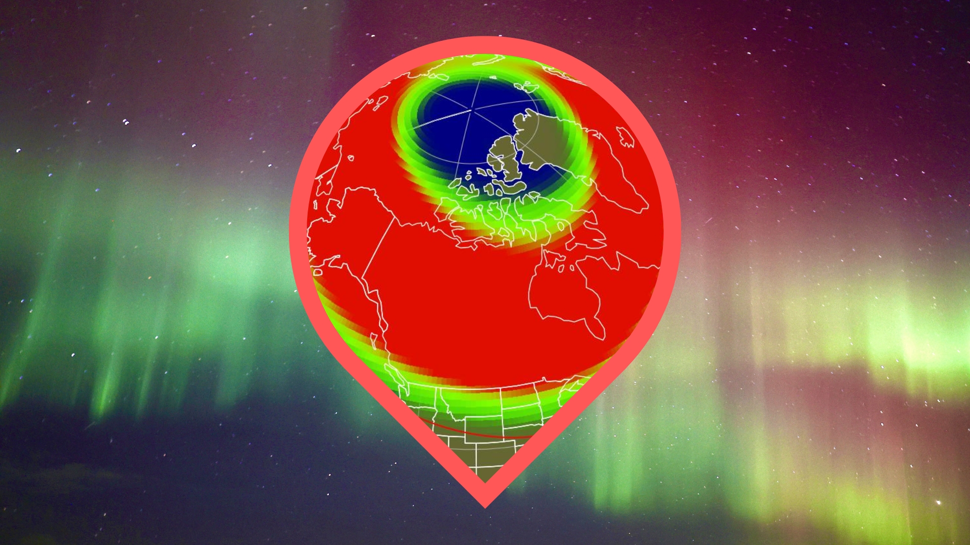 graphic showing the map of the US and where auroras could be visible tonight, in the background is a vibrant aurora display with curtains of green and magenta filling the sky.