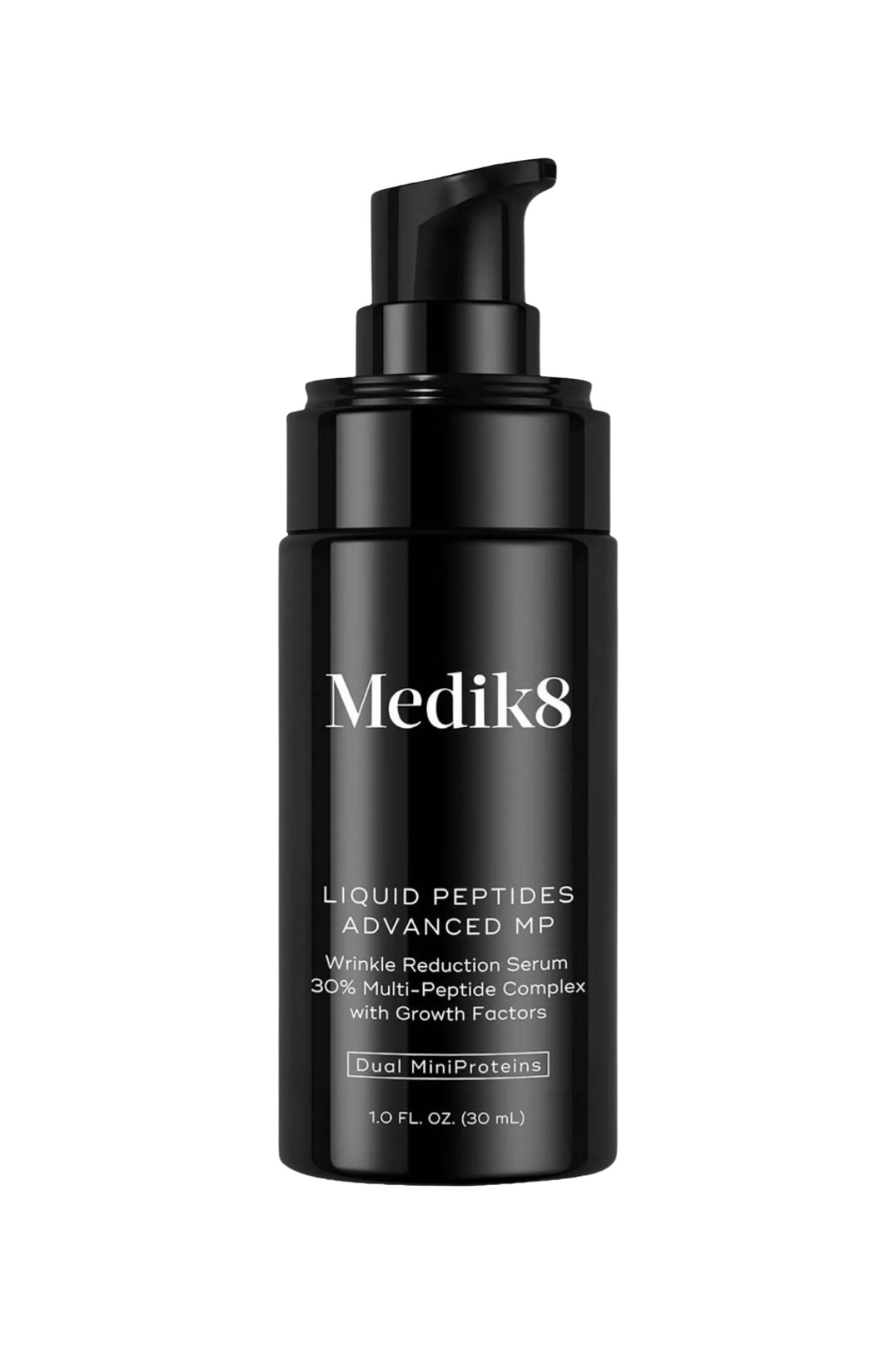 a black push top bottle with white writing