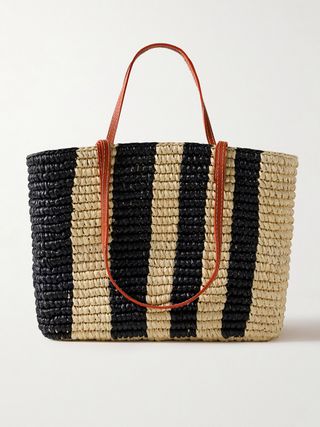 Canasta Leather-Trimmed Striped Straw Tote
