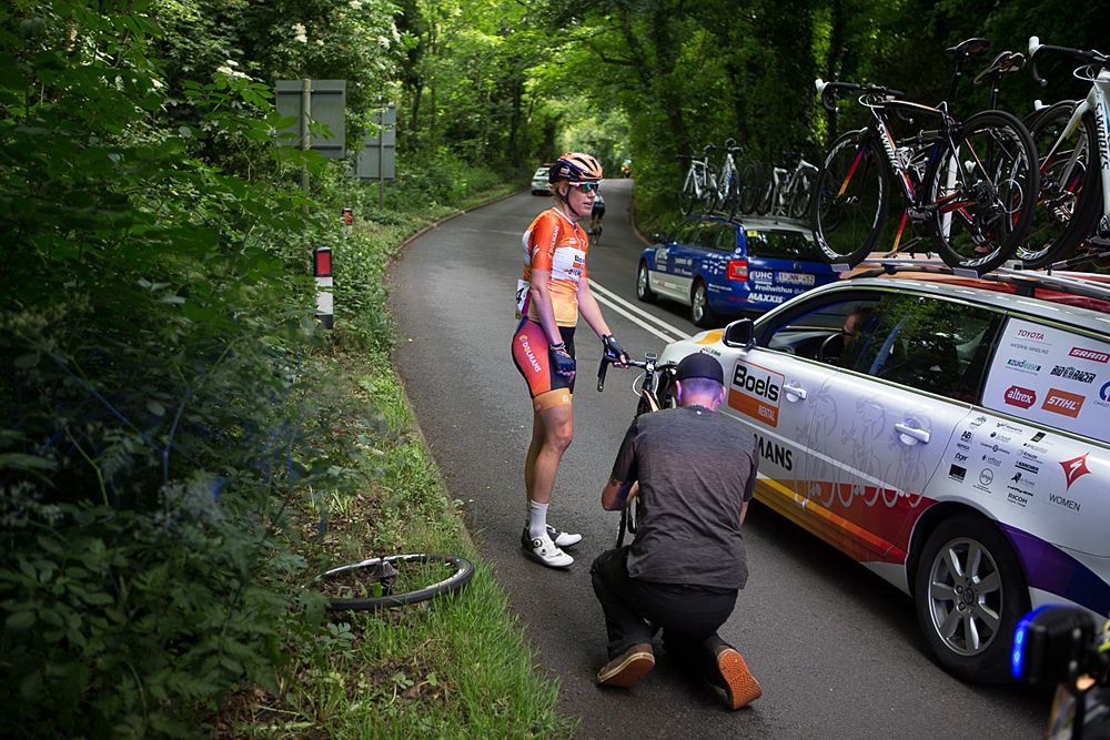 Boels-Dolmans Cycling Team team mechanic, Richard Steege swaps the punctured wheel of Ellen van Dijk (NED) during the Aviva Women's Tour 2016 - Stage 1