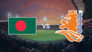 A cricket pitch with the Bangladesh and Netherlands logos on top, for the Bangladesh vs Netherlands live stream of the T20 World Cup
