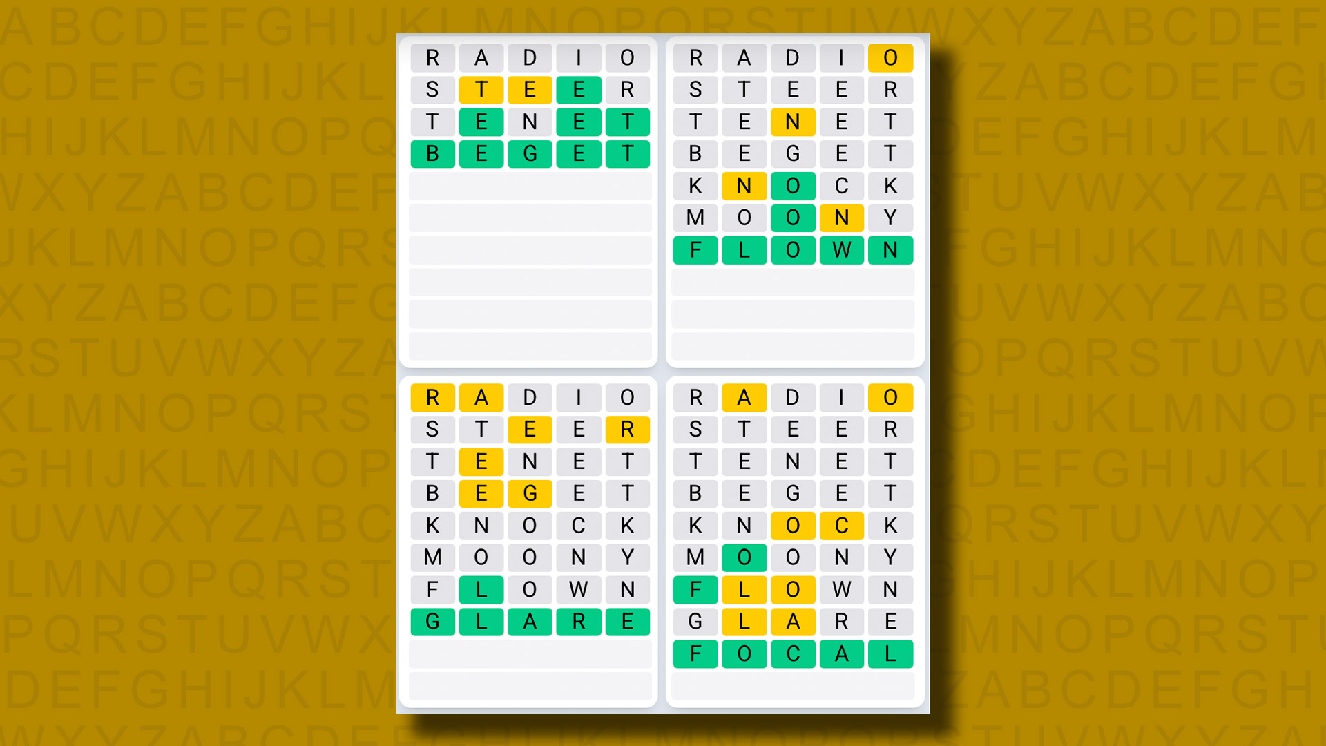 Quordle Daily Sequence answers for game 1219 on a yellow background