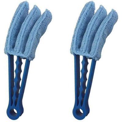 pair of blue Venetian blind dusters