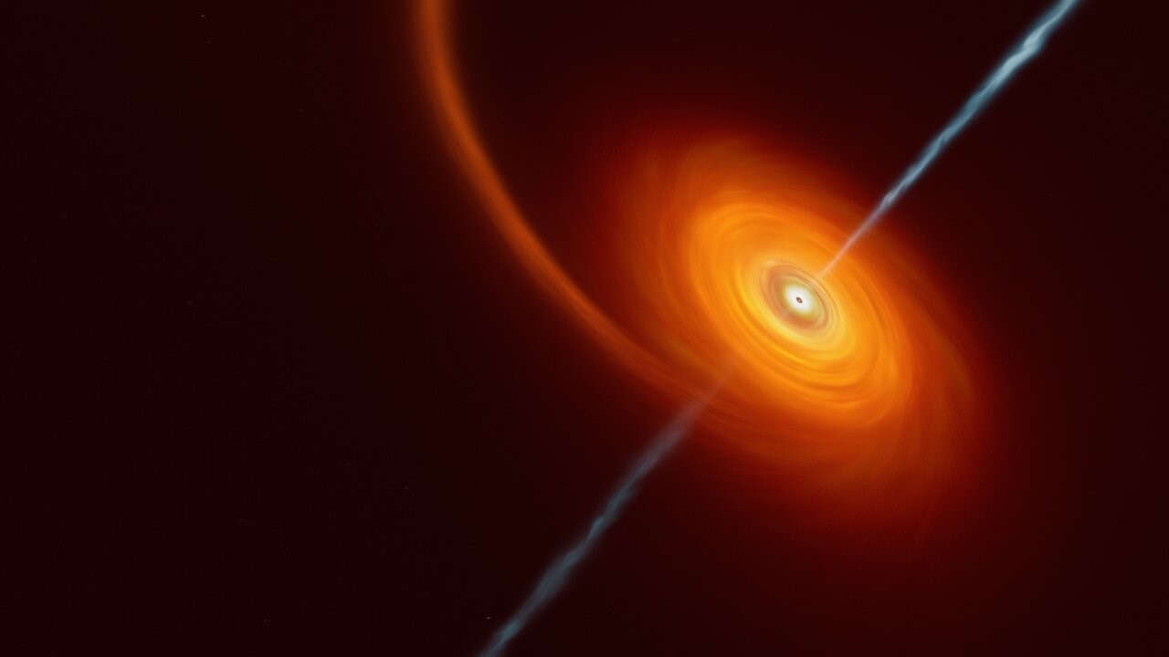 An artist's impression of a supermassive black hole ripping apart a star and blasting out jets of stellar material.