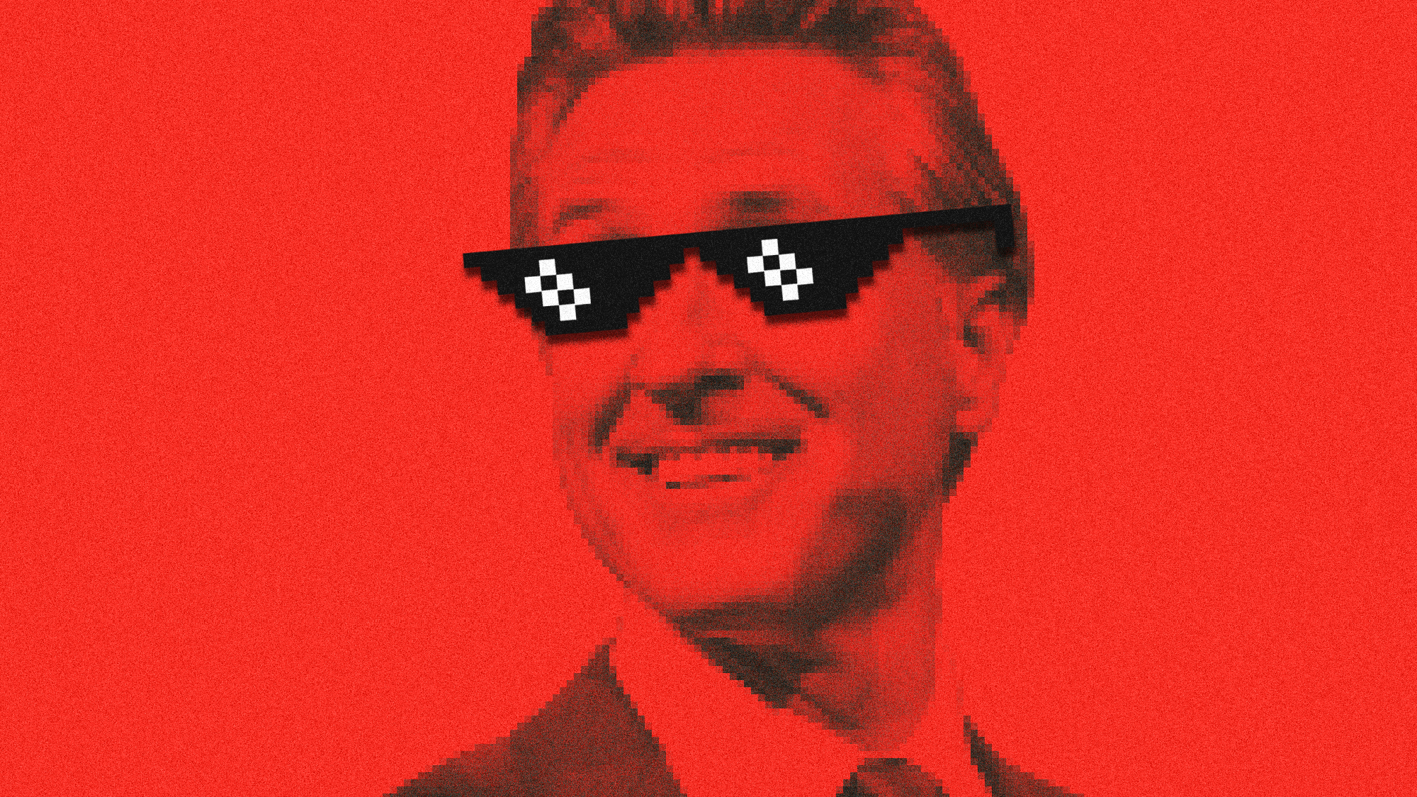 Illustration of a pixellated Gavin Newsom wearing meme-style sunglasses