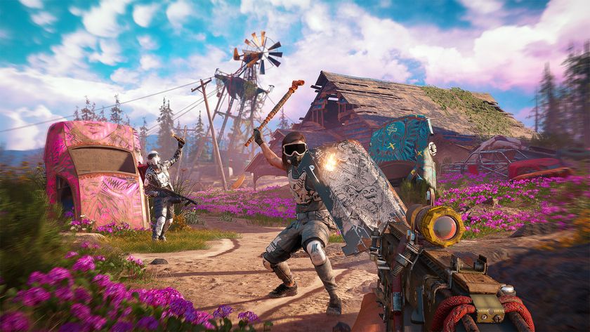 Aiming at an enemy in motorcycle-like riding gear with a painted riot shield, while another aims at explosive in Far Cry New Dawn - the environment is garish and bright with lots of pink flowers