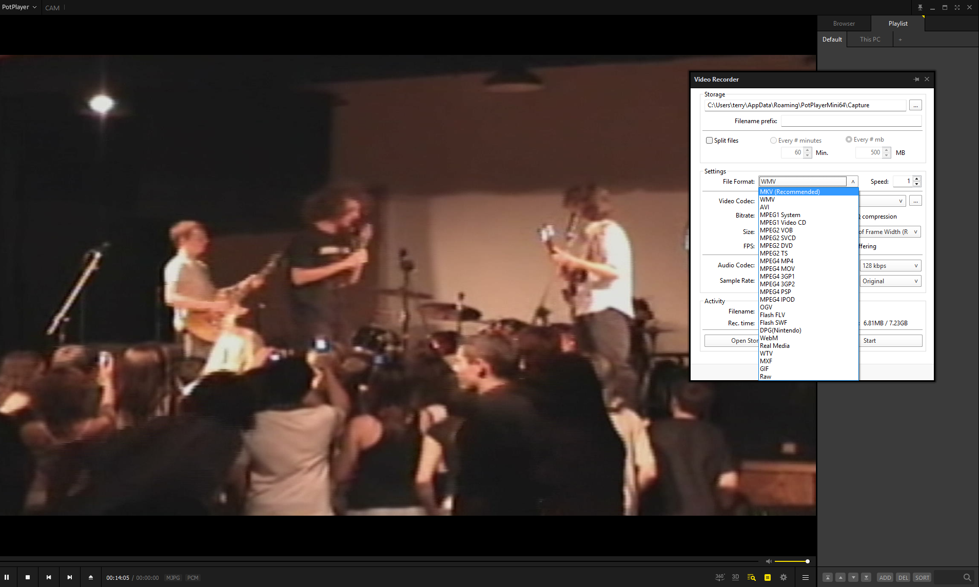 Screenshot from the PotPlayer video capture software, showing DigitNow Video Capture file format and codec options