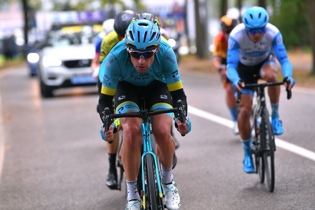 SCHOTEN BELGIUM OCTOBER 14 Dmitriy Gruzdev of Kazahkstan and Astana Pro Team Breakaway during the 108th Scheldeprijs 2020 a 1733km stage from Schoten to Schoten Scheldeprijs FlandersClassic SP20 on October 14 2020 in Schoten Belgium Photo by Luc ClaessenGetty Images