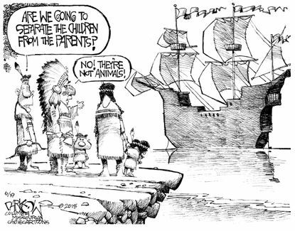 Political cartoon U.S. immigration family separation children Native Americans Trump detention