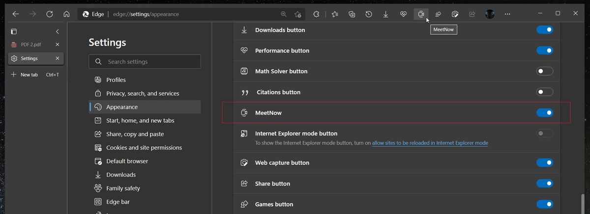 Skype Meet Now button in Edge
