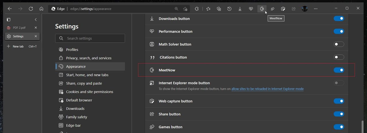 Skype Meet Now button in Edge