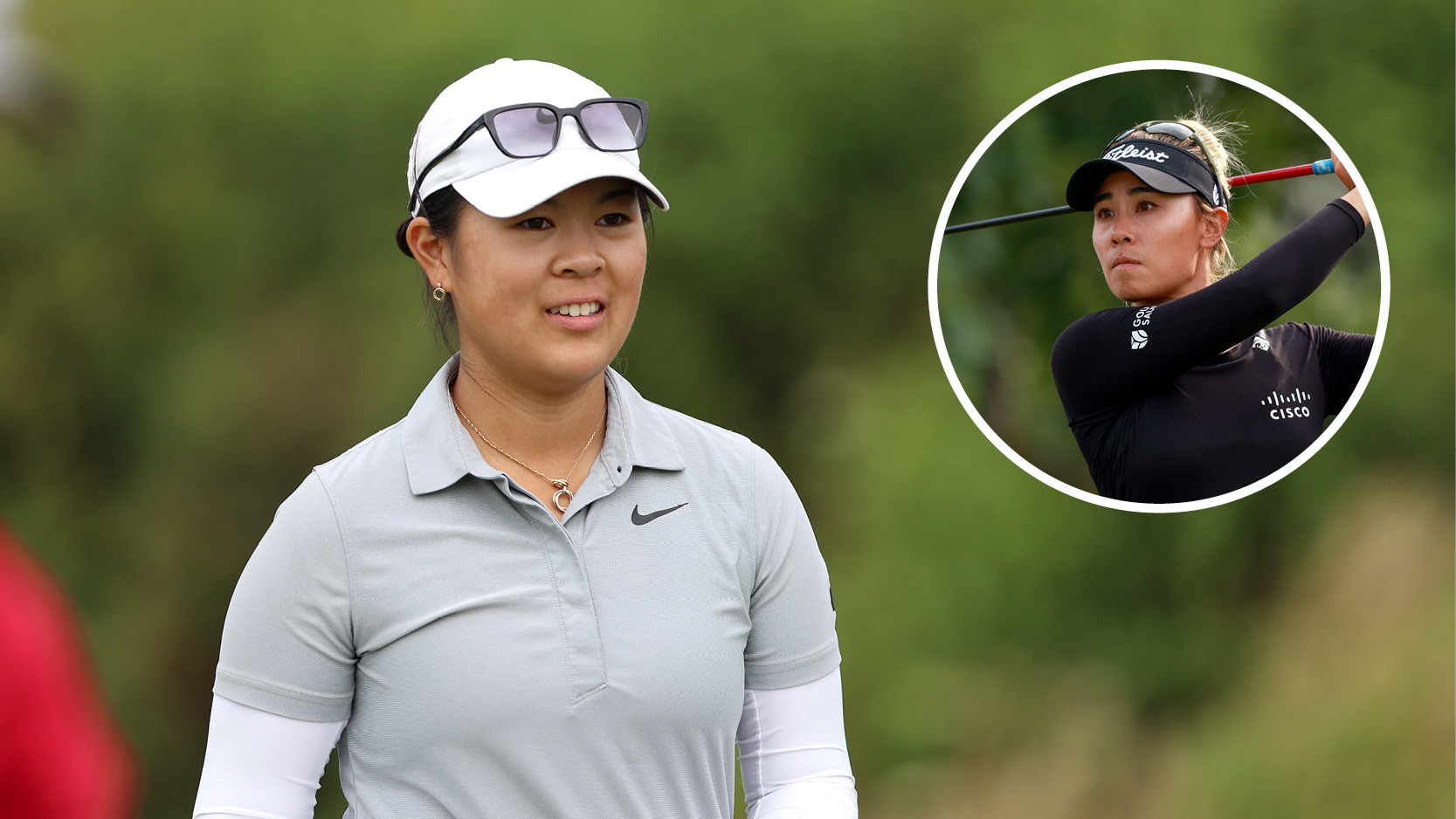 Main image of Anna Huang smiling before AIG Women&#039;s Open Final Qualifying in 2025 with an inset image of Danielle Kang hitting a shot