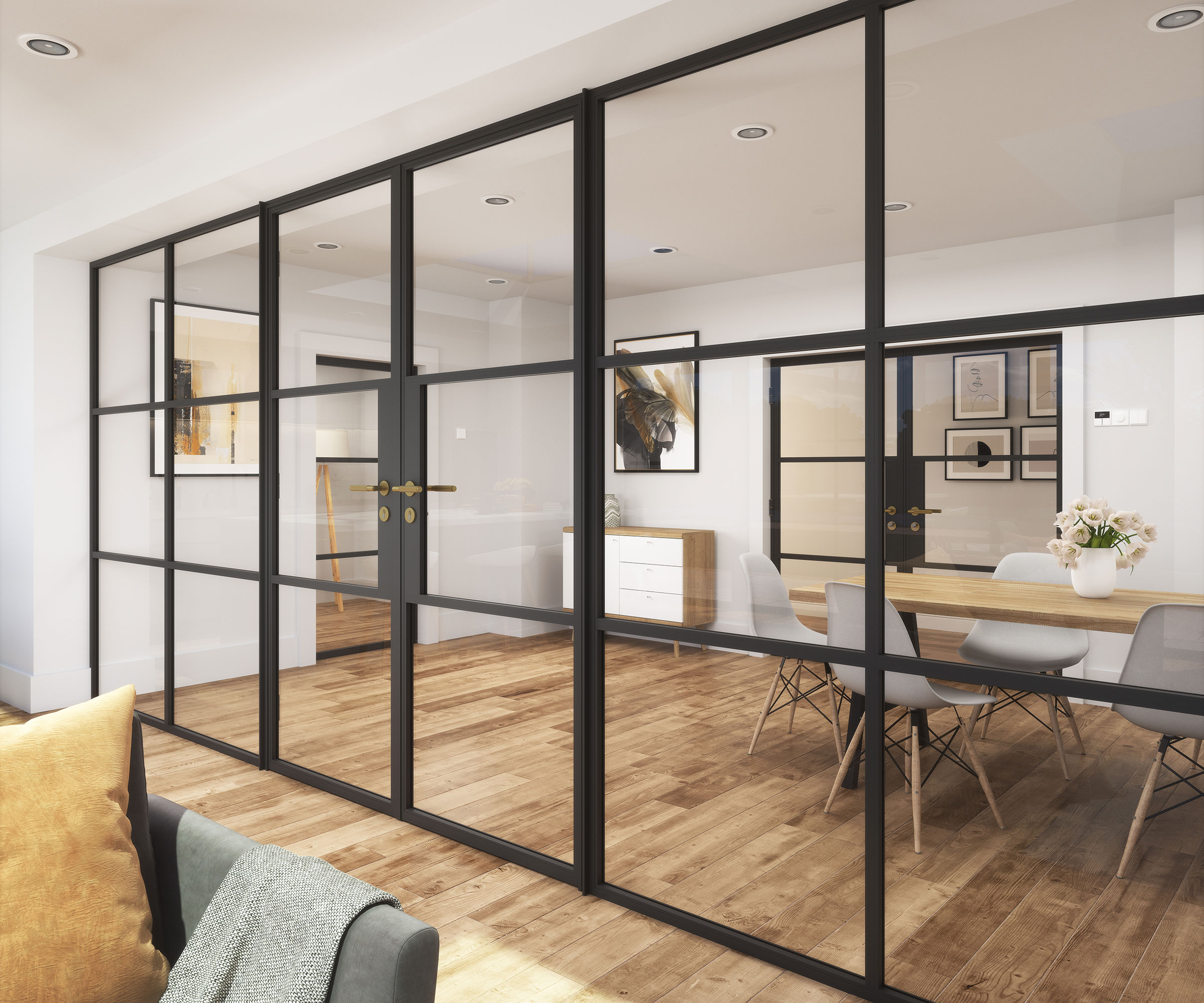 glazed heritage-style partition wall between a living room and dining space
