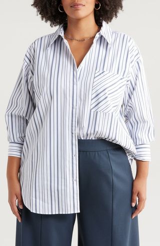 Stripe Cotton Poplin Button-Up Shirt