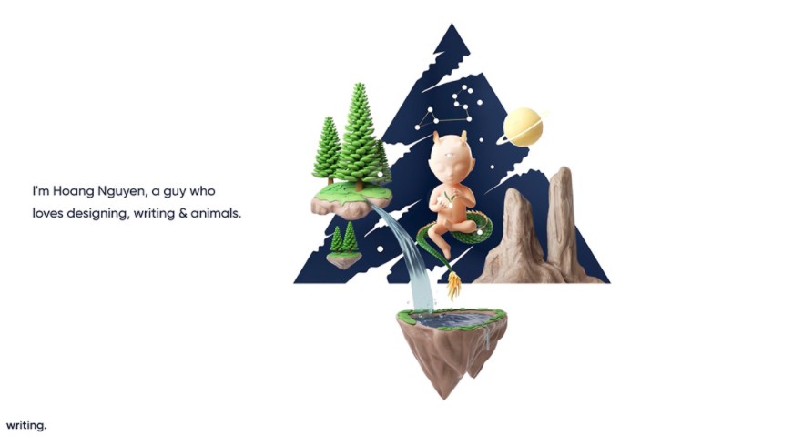 Homepage for Hoang Nguyen featuring cartoon of baby meditating