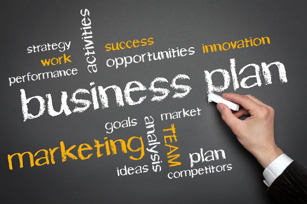 The words &amp;quot;business plan&amp;quot; written on a chalk board surrounded by related words.