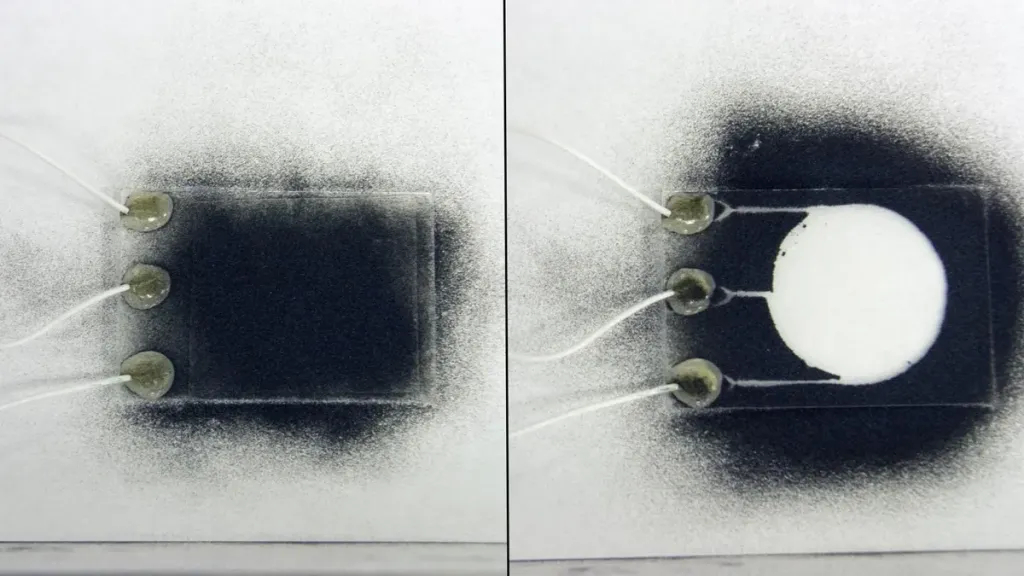 a split image shows three wires entering frame on the left side of both, connected to the left side of a clear rectangle sitting above a black smudge. On the right, the wires continue past their connection point to meet a white circle in the rectangle's center. The black smudge on the right image is much larger.