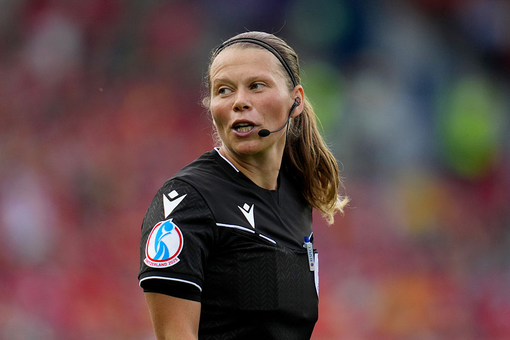 Referee Frida Klarlund looks on during the UEFA Women's EURO 2025 Group D match between Wales and Netherlands at Luzern Arena on July 05, 2025 in Lucerne, Switzerland.