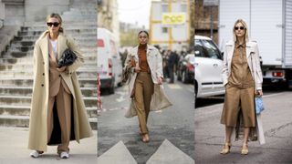 street style models wearing trench coats with neutral clothing