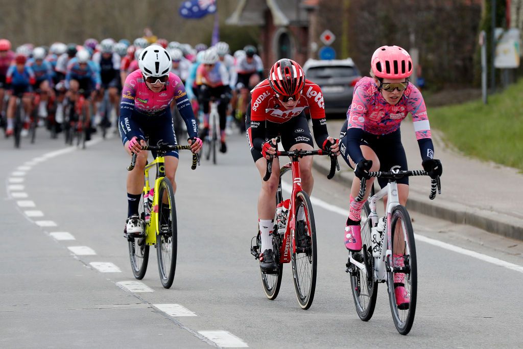 OUDENAARDE BELGIUM APRIL 03 LR Olivia Baril of Canada and Team Valcar Travel Service Kristyna Burlova of Czech Republic and Team Lotto Soudal Ladies and Clara Honsinger of United States and Team EF Education Tibco Svb compete in the breakaway during the 19th Ronde van Vlaanderen Tour des Flandres 2022 Womens Elite a 1586km one day race from Oudenaarde to Oudenaarde RVV22 RVVwomen on April 03 2022 in Oudenaarde Belgium Photo by Bas CzerwinskiGetty Images