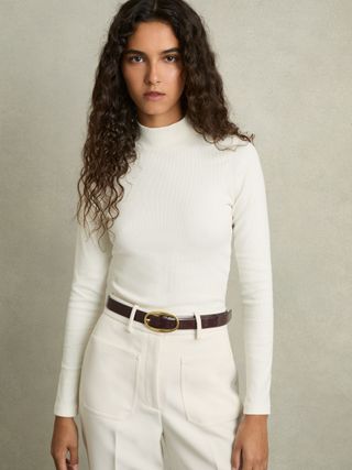 Fine-Ribbed High-Neck Top in White