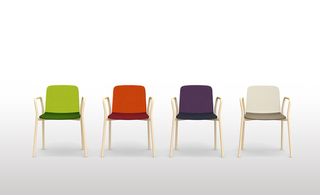 Two tone chairs in green, red, purple and beige