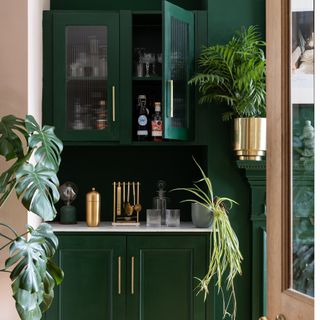 Green shaker kitchen bar area with plants