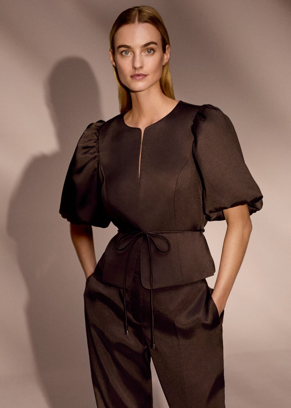 Ivy Brown Satin Puff Sleeve Jacket