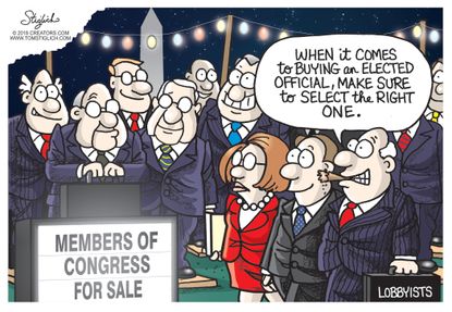 Political cartoon U.S. members of Congress for sale buying elected officials lobbyists