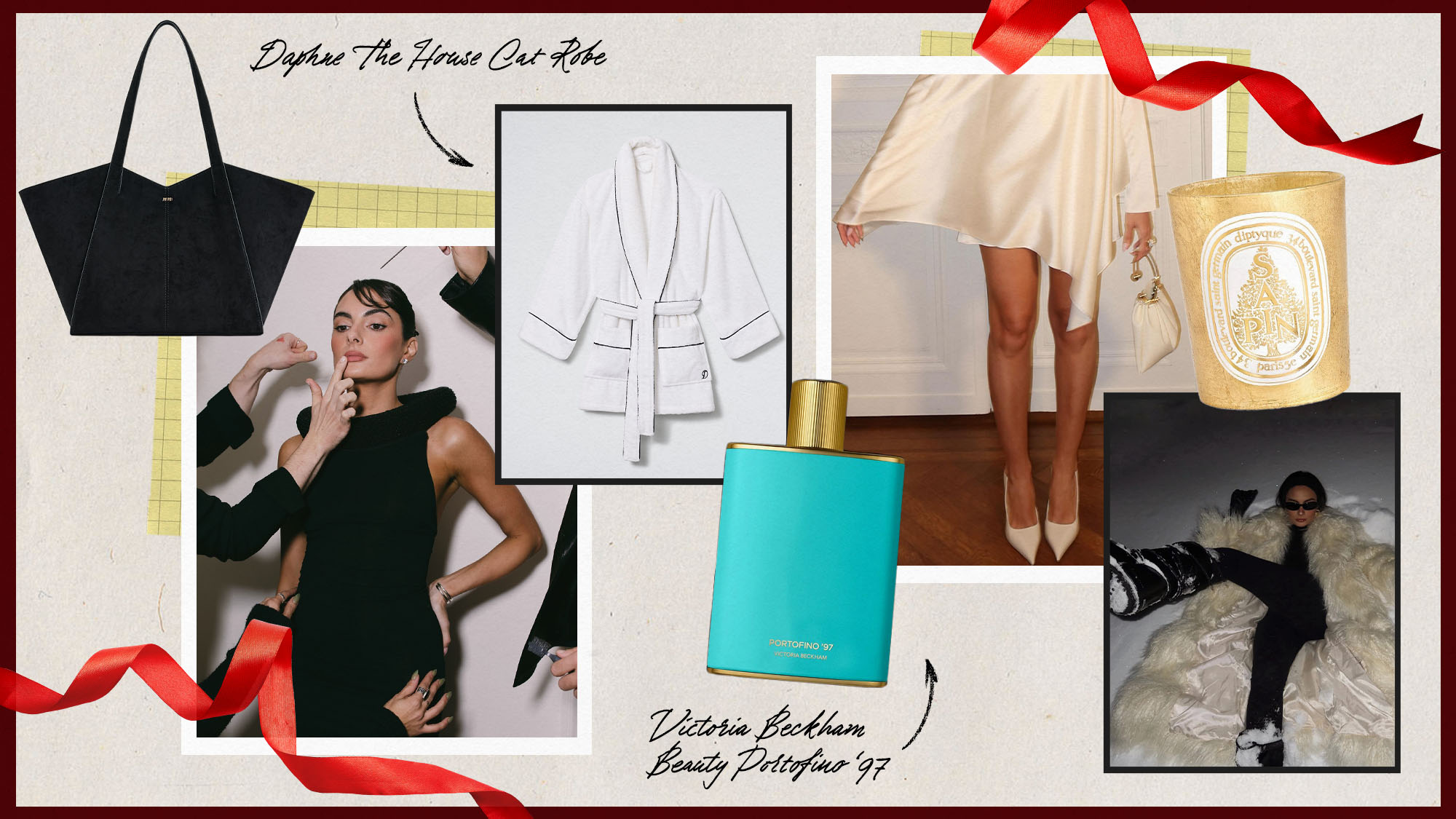 A collage of Paige DeSorbo and perfume, robes, bags, and candles for a holiday shopping guide.