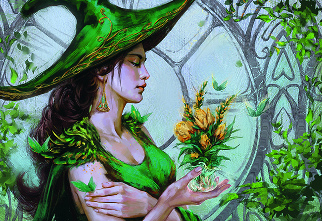Artist portrait; a witch holds yellow flowers