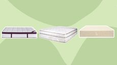 Best organic mattress: Awara, Saatva and Birch mattresses on green wavy background