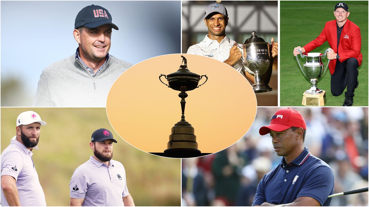 Keegan Bradley, Aaron Rai, Matt Wallace, Jon Rahm, Tyrrell Hatton and Tiger Woods in a grid format